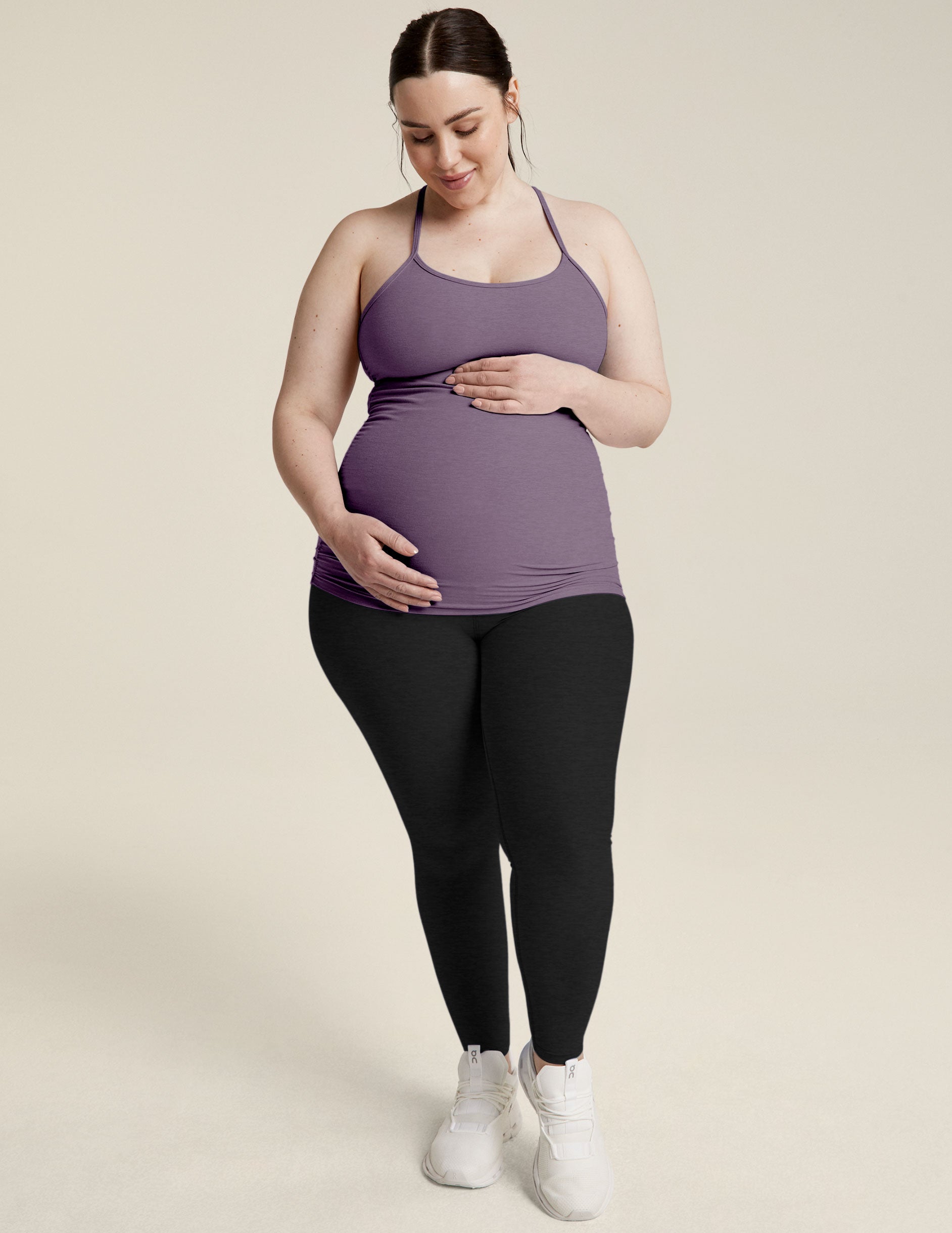 purple maternity slim strap racerback tank top.