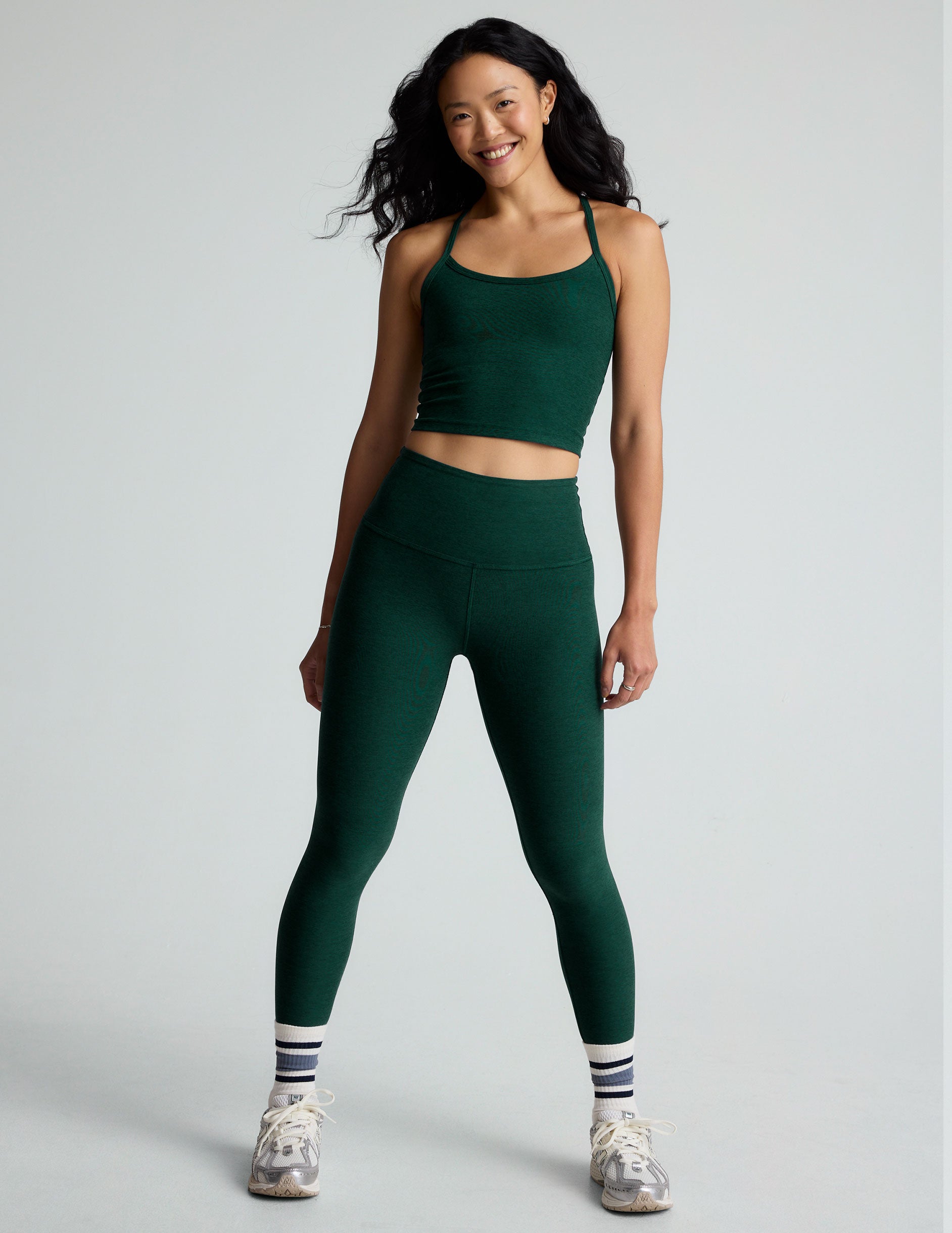green slim strap racerback cropped tank top.