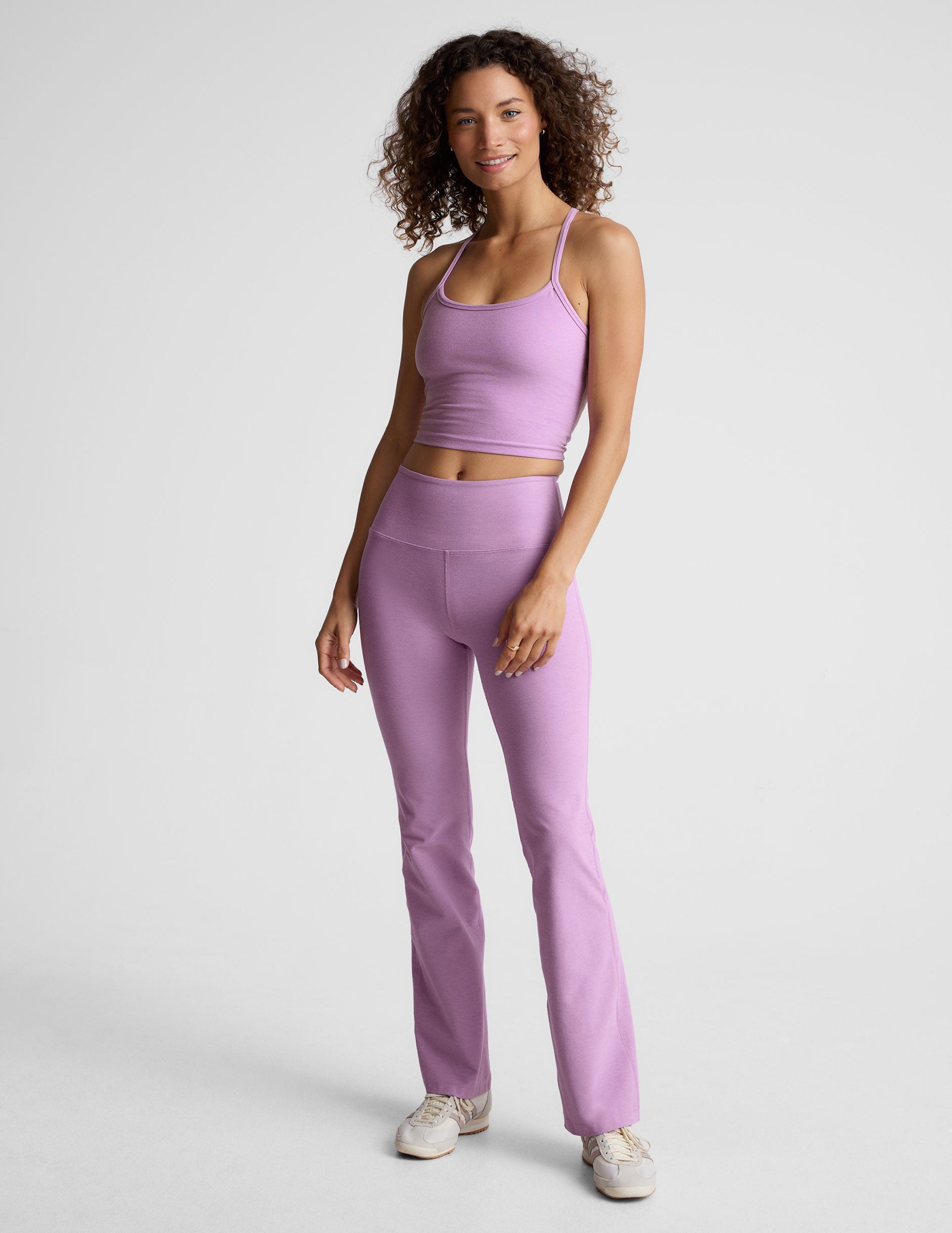 purple racerback cropped tank with spaghetti straps.