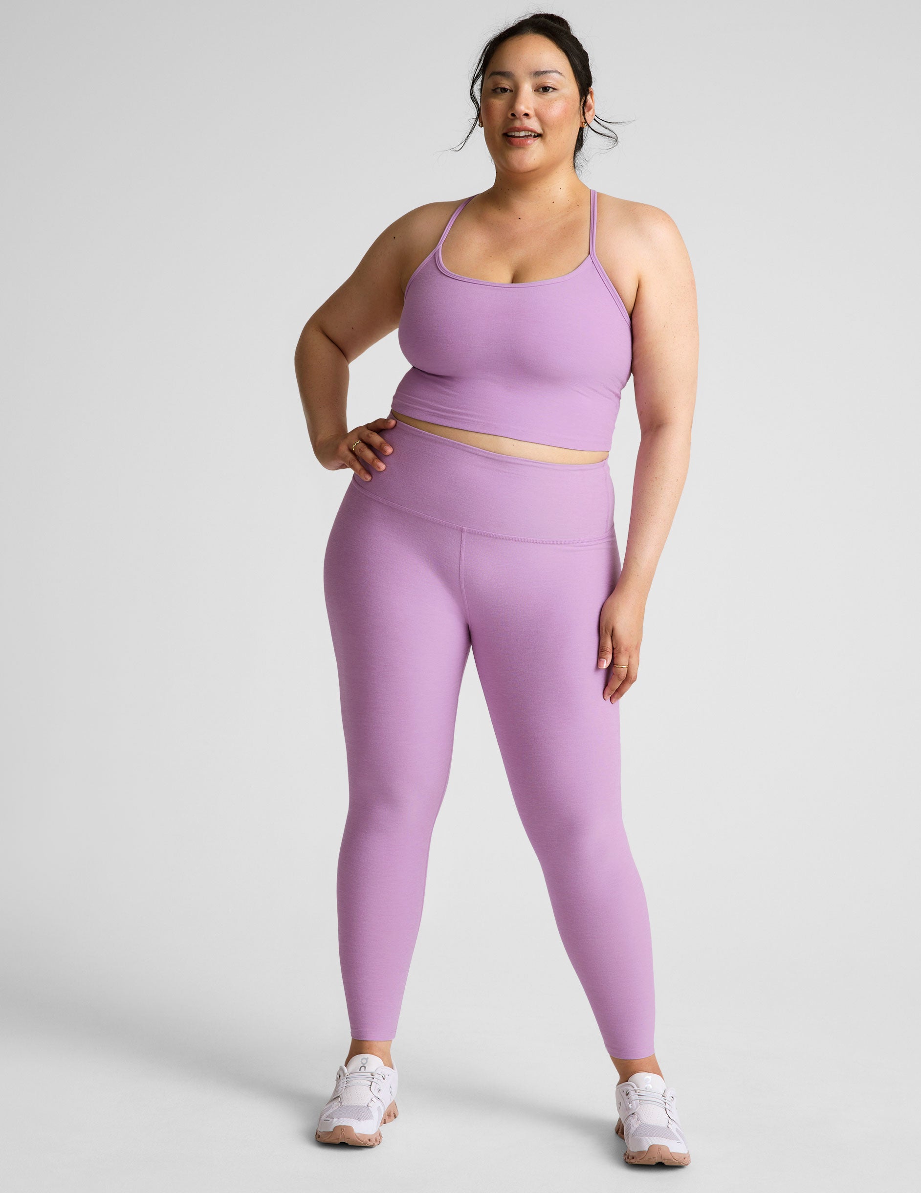 purple racerback cropped tank with spaghetti straps.