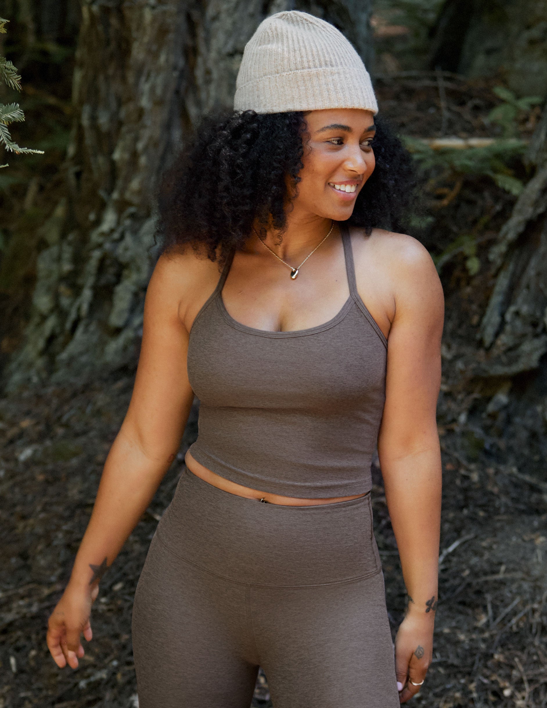 brown slim strapped racerback cropped tank top.