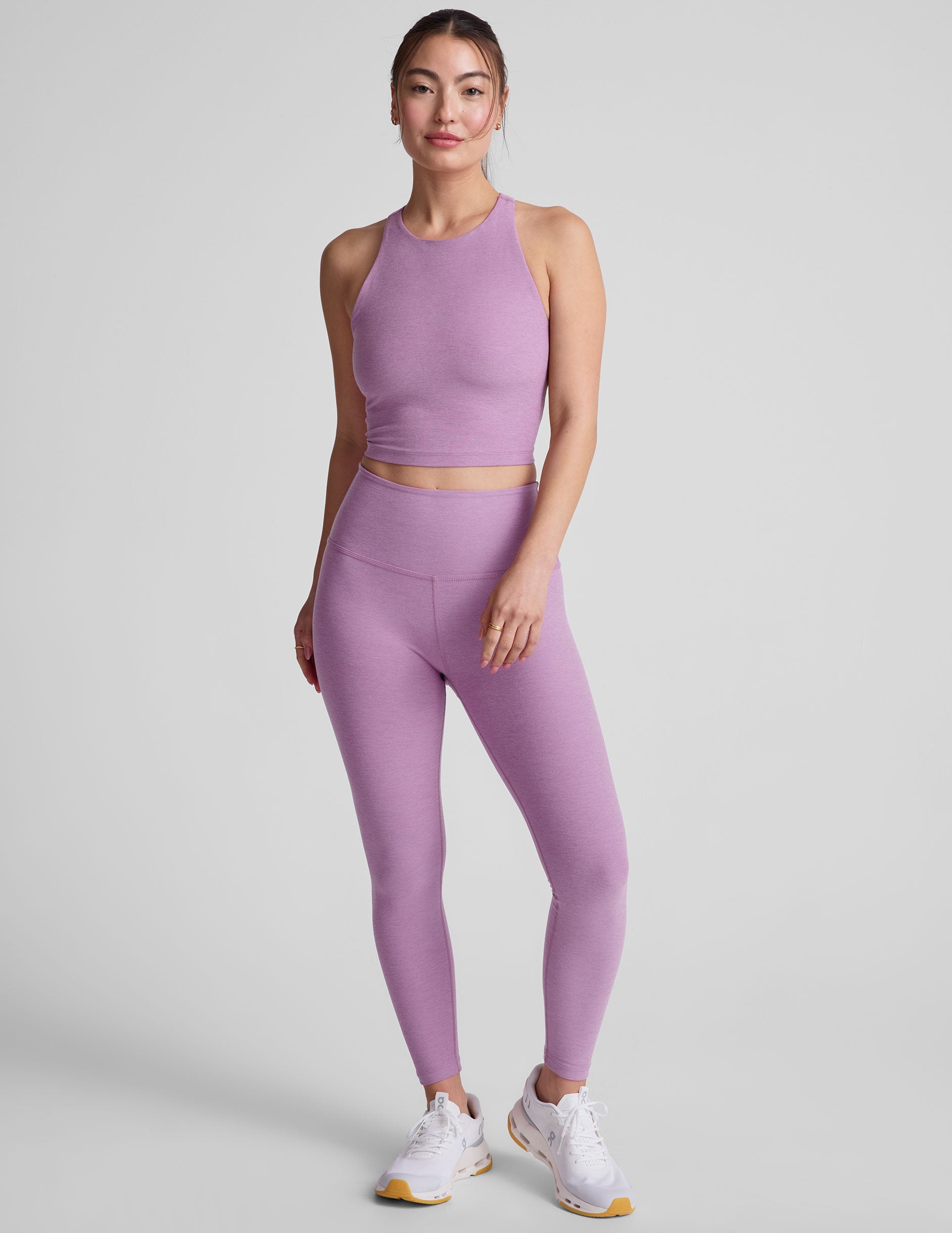 purple high-neck racerback cropped tank top.