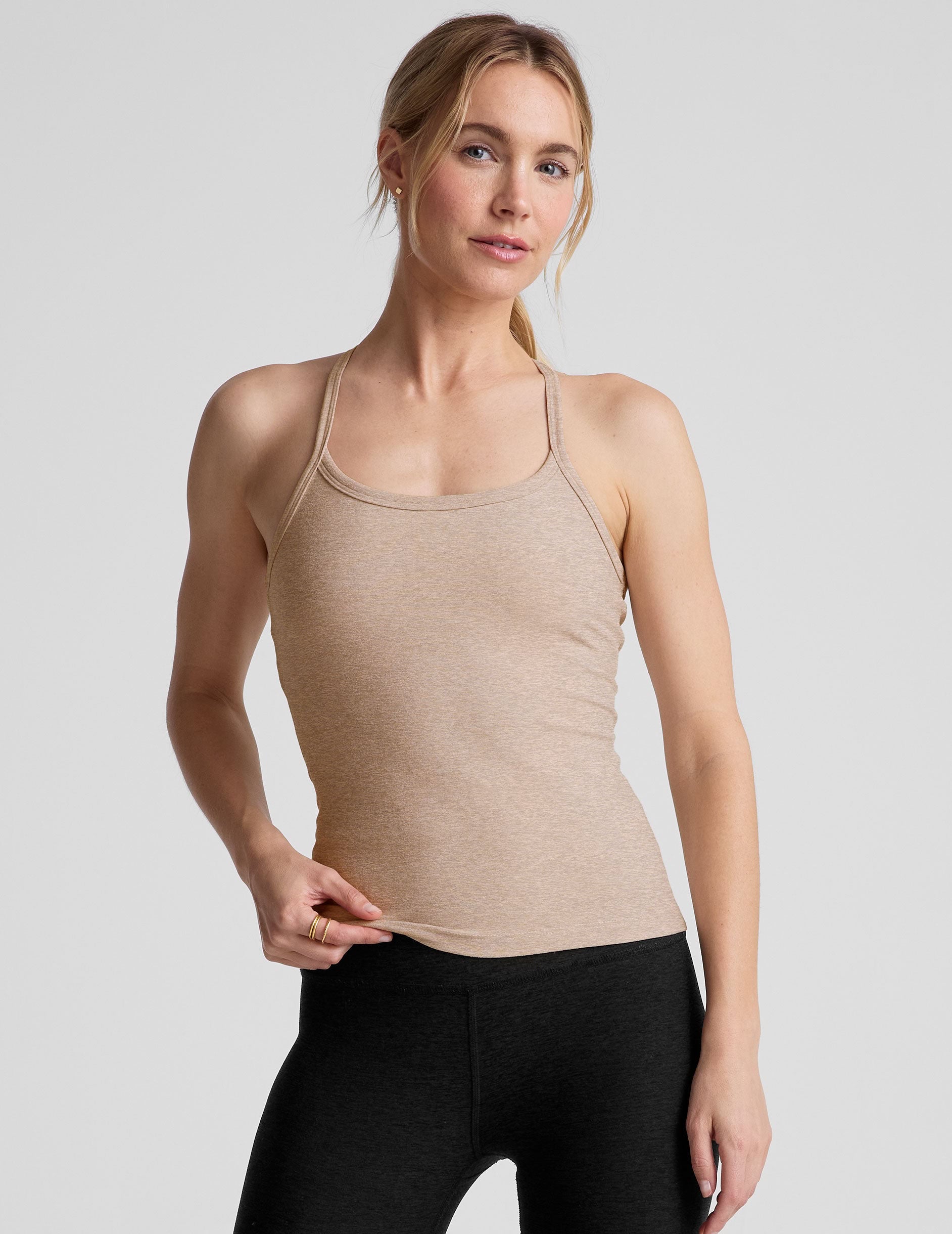 brown full length slim strapped racerback tank top.