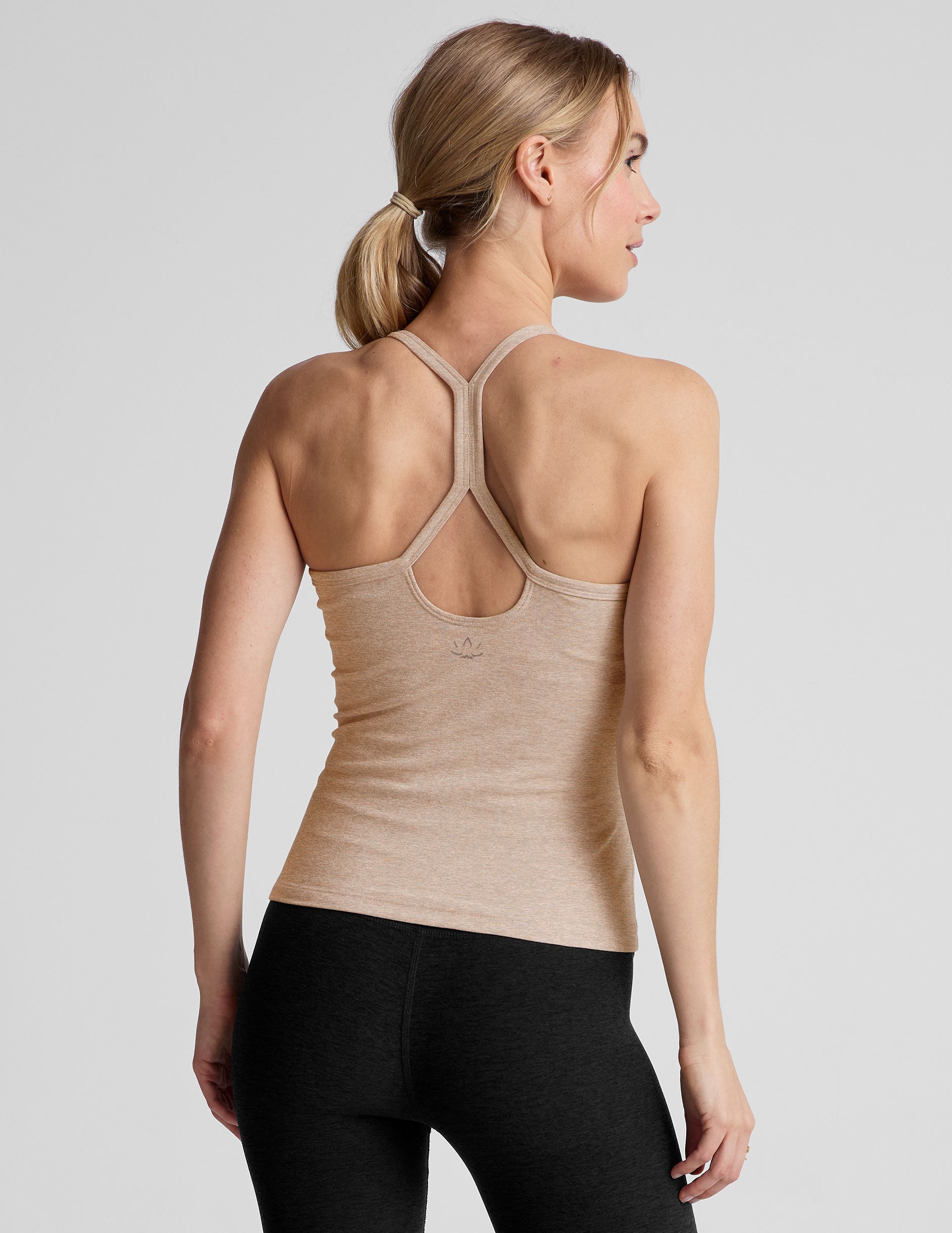 brown full length slim strapped racerback tank top.