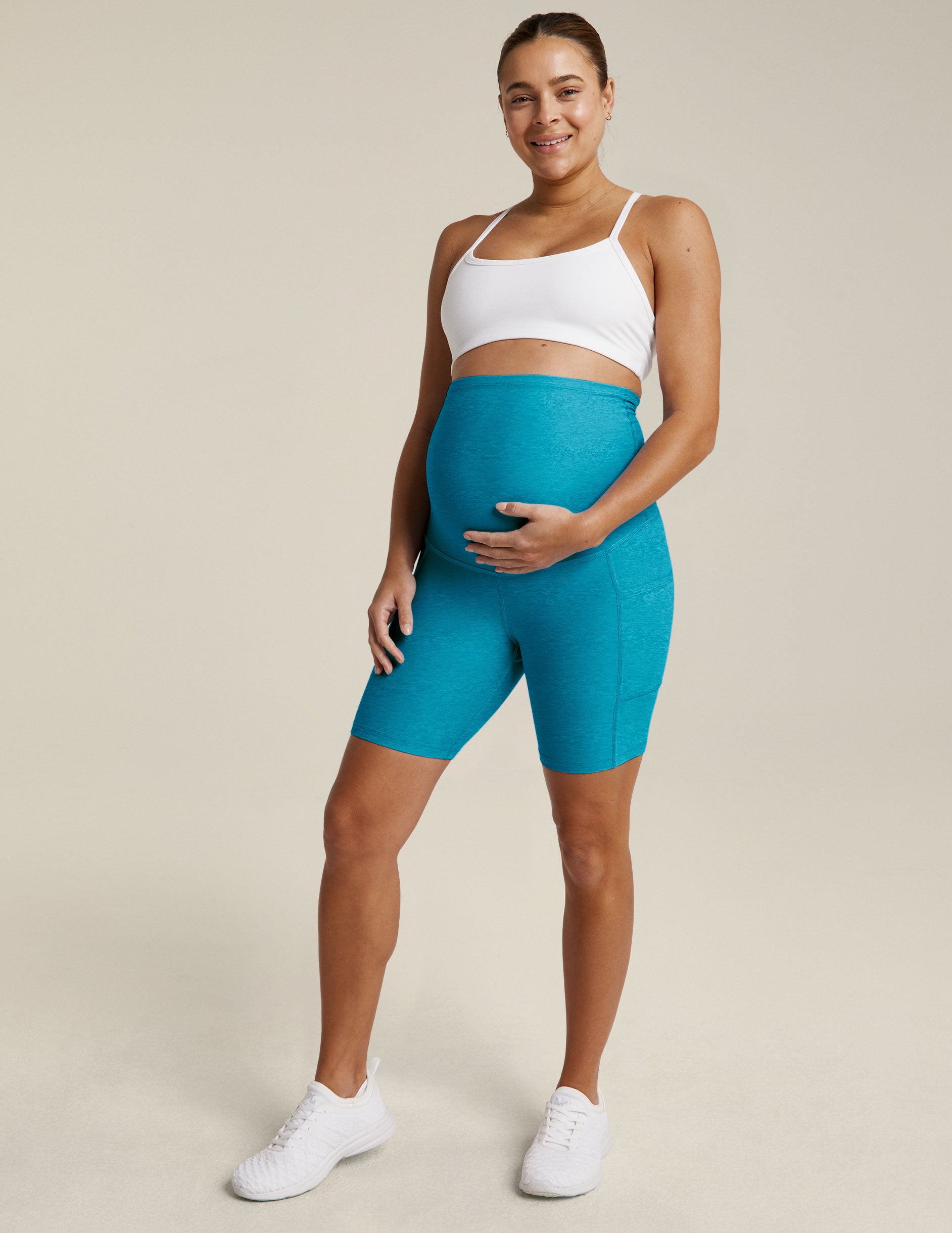 blue spacedye 7" inseam maternity biker shorts with pockets.
