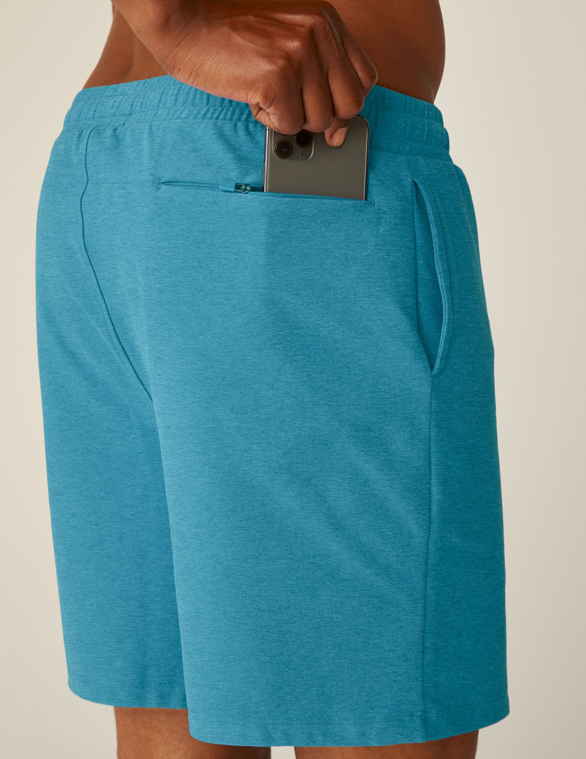 blue men's spacedye shorts with pockets.