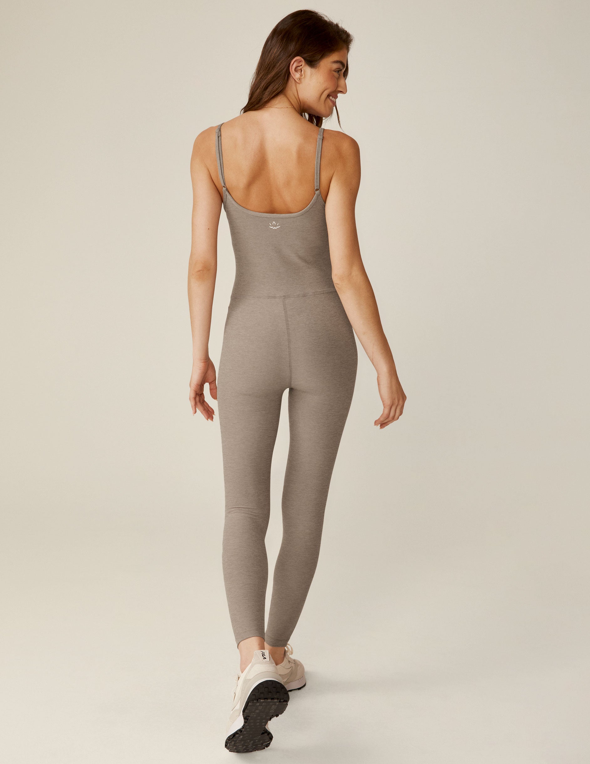 brown slim strapped midi jumpsuit.