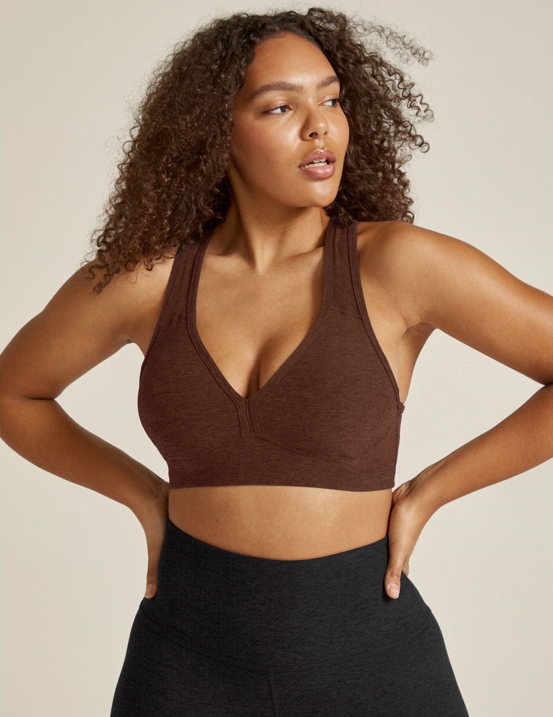 brown v-neck racerback sports bra with removable padding.