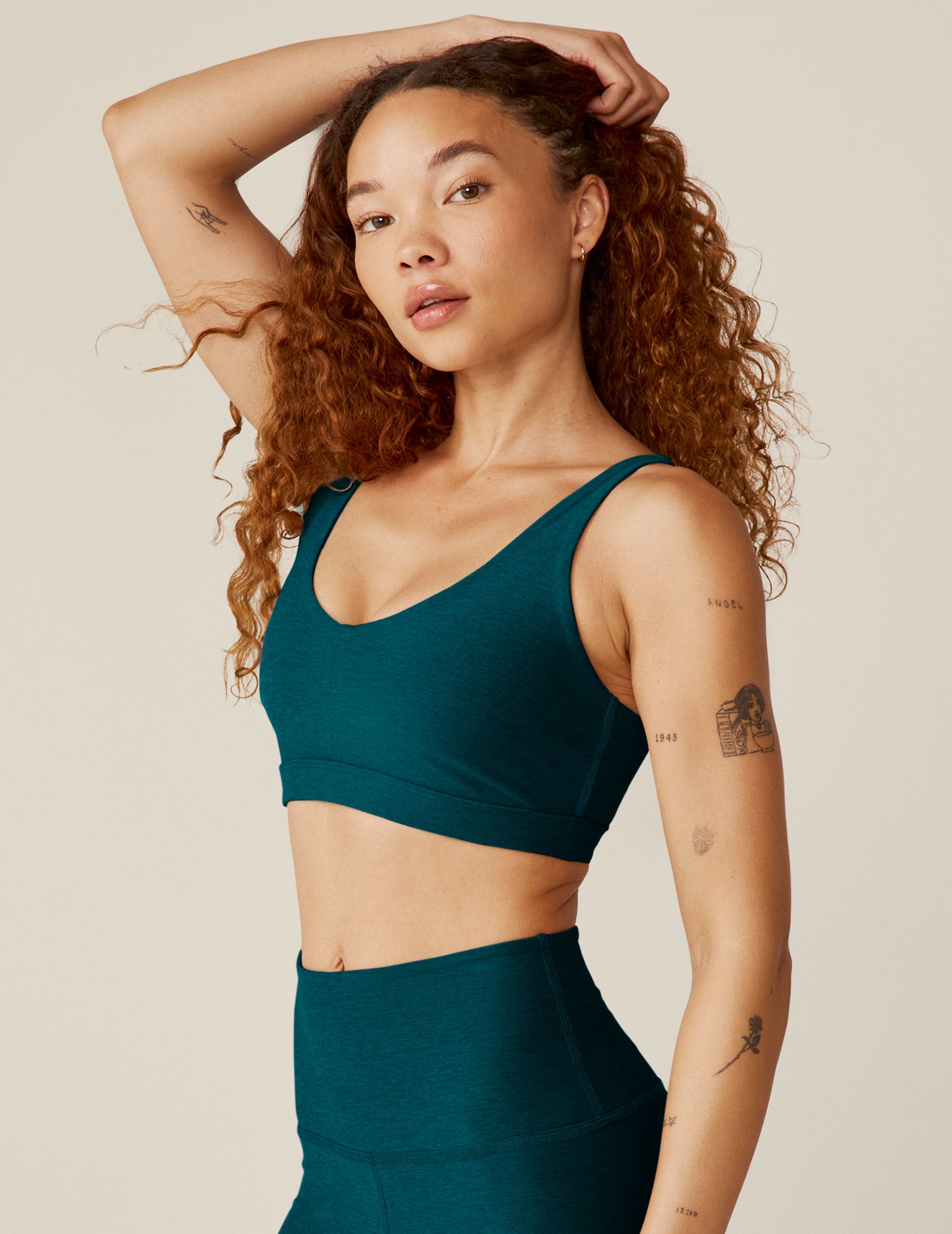 blue scoop neck spacedye bra top.