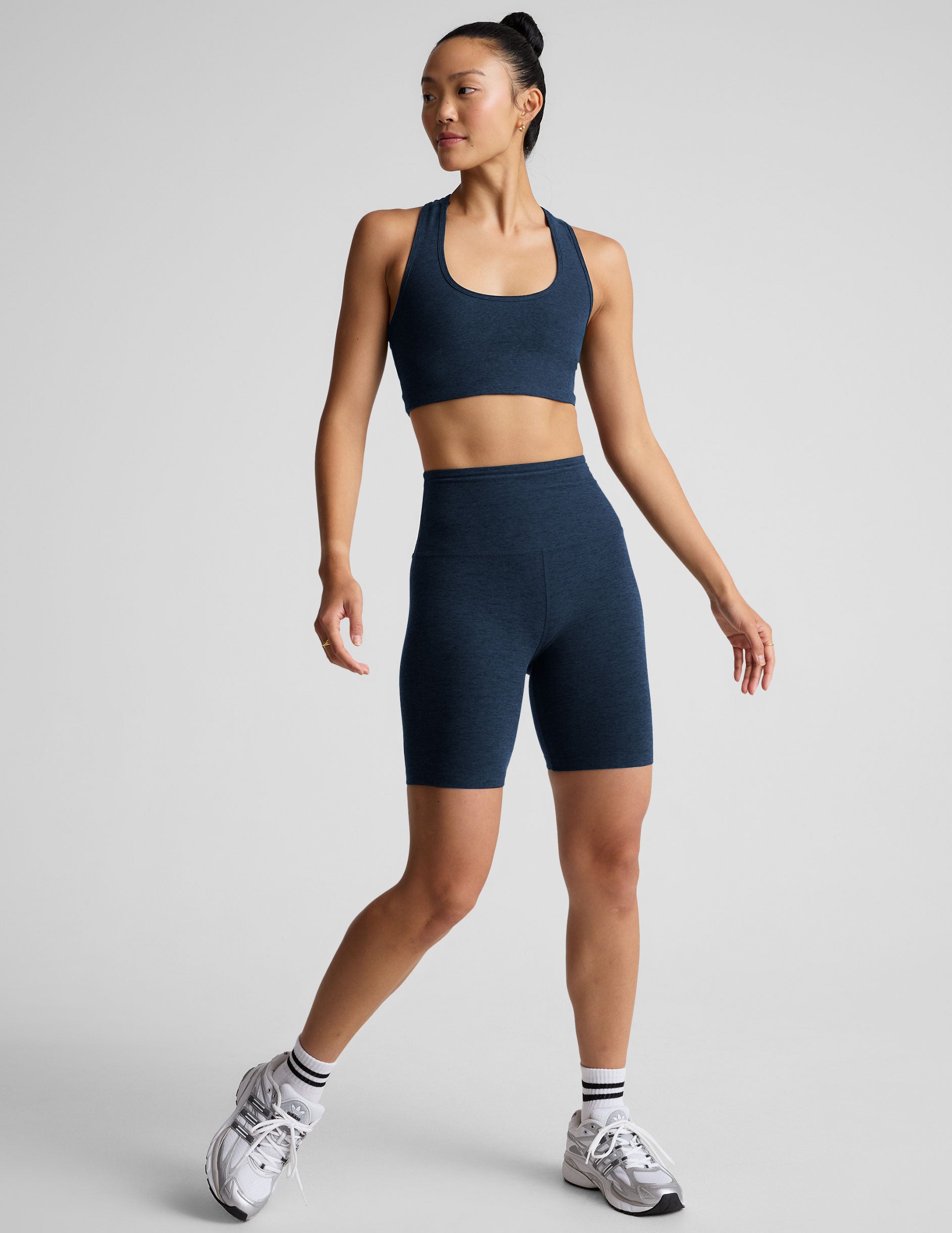 blue long line length racerback bra.