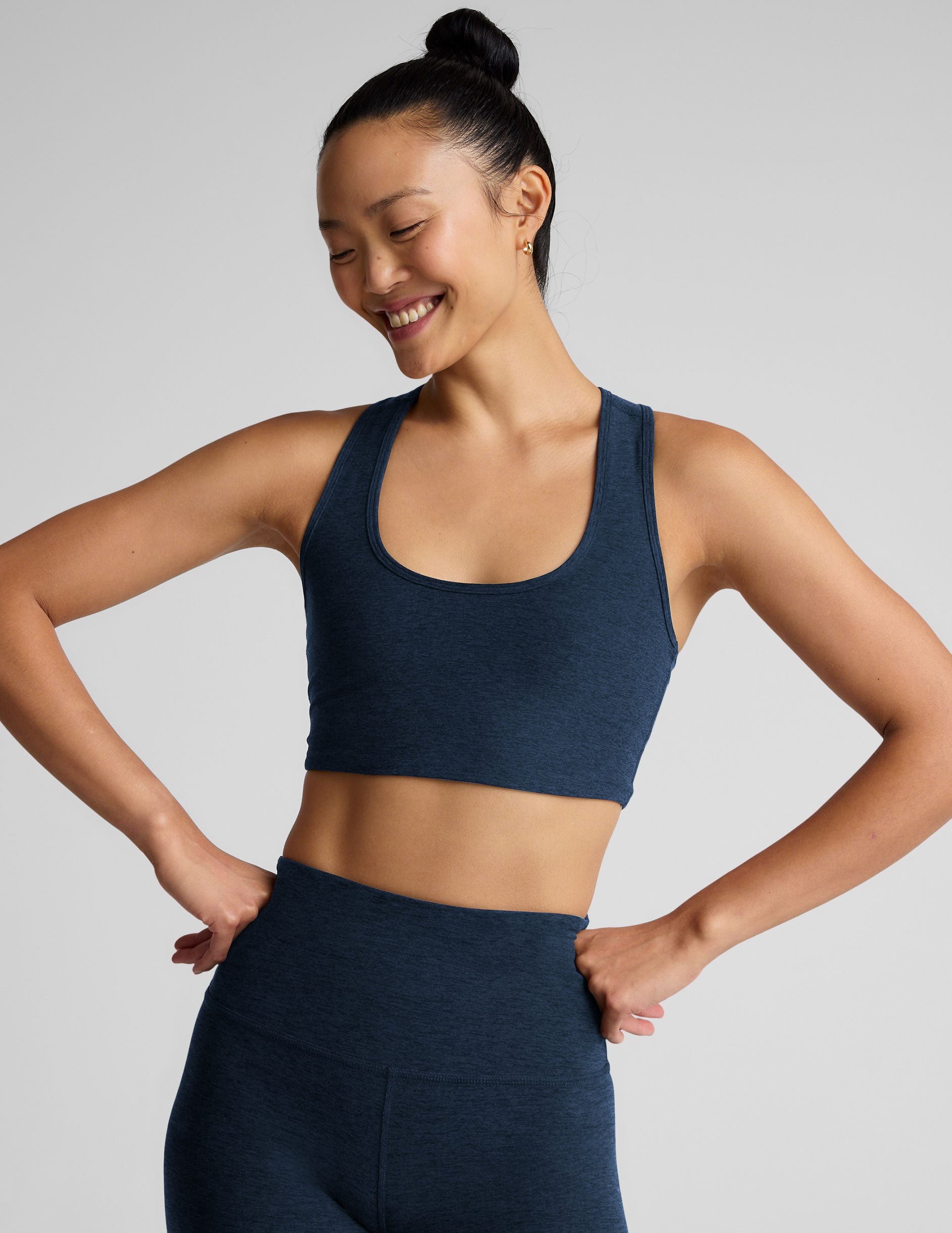 blue long line length racerback bra.