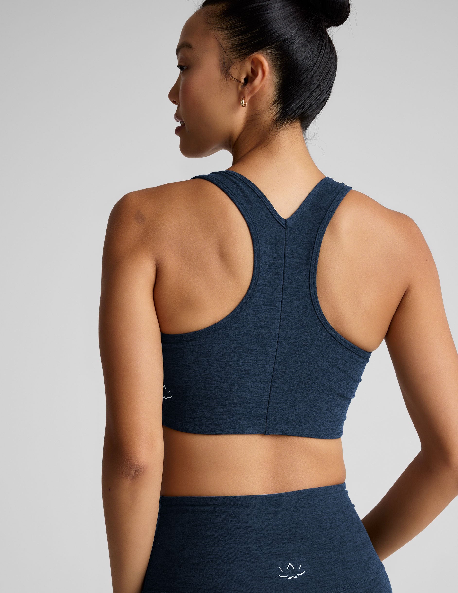 blue long line length racerback bra.