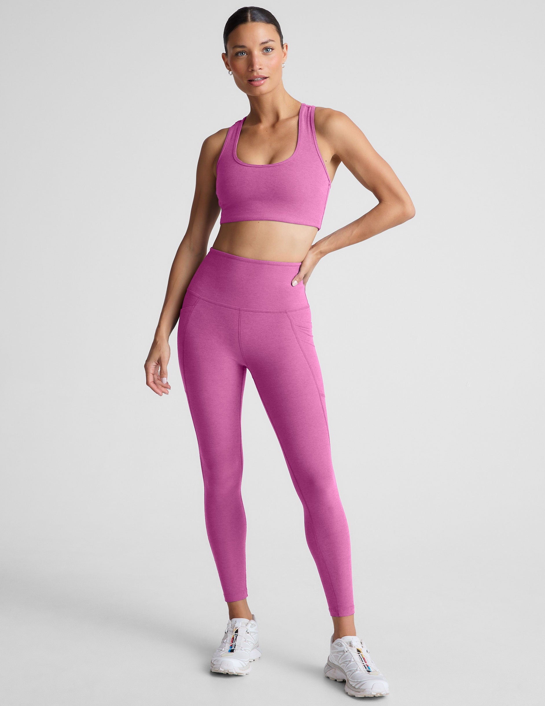 pink medium support racerback bra with a 2" hemband.