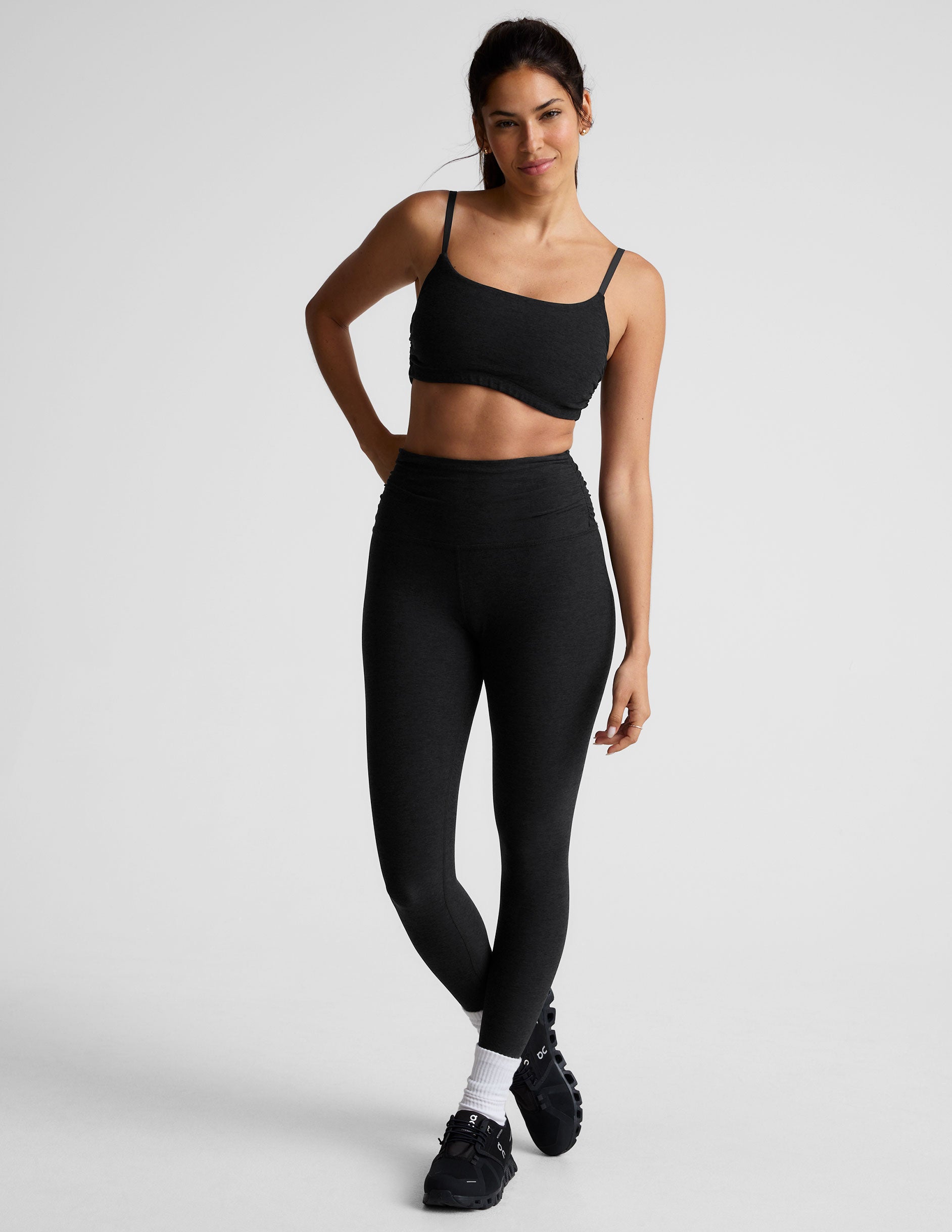 black slim racerback bra with shirred detailing on the sides.