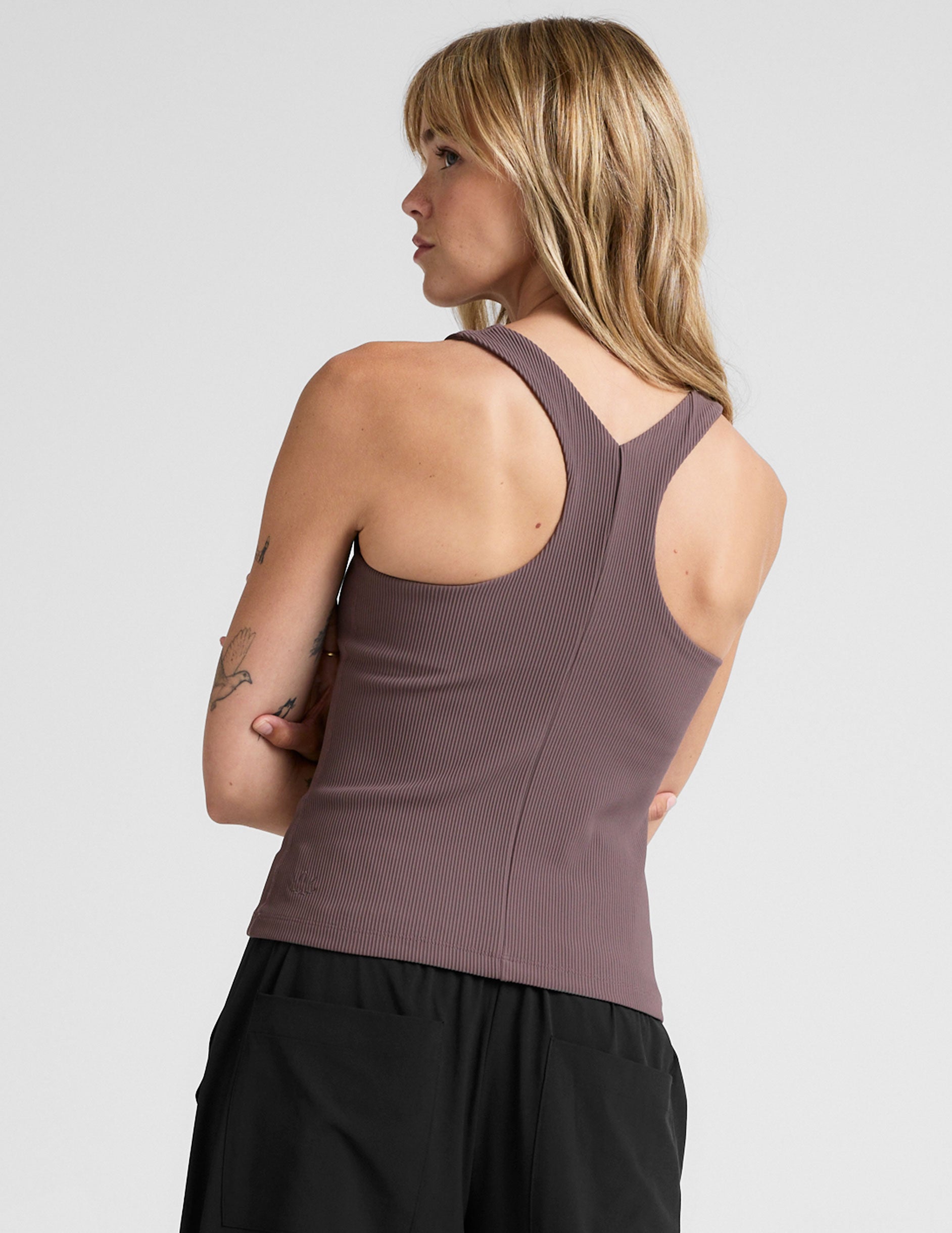 brown high-neck racerback ribbed tank top. 