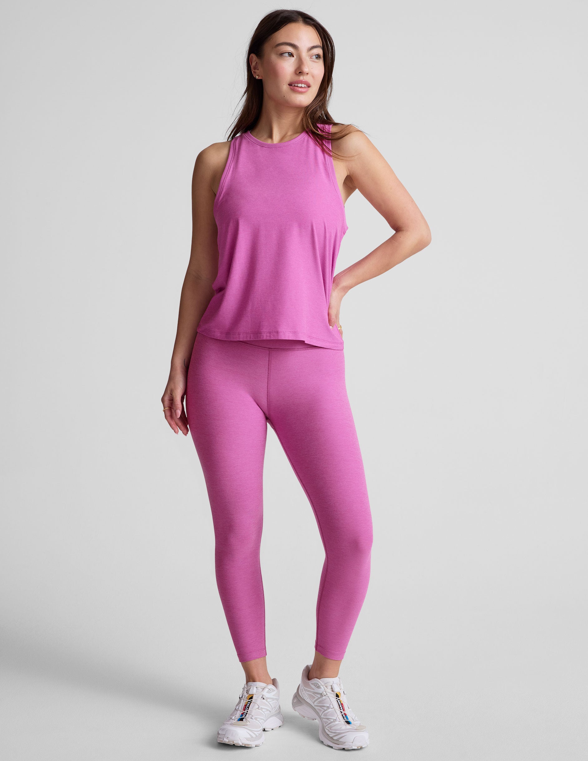 pink relaxed fit tank with a high front neckline and rib neckband and armhole bands. 