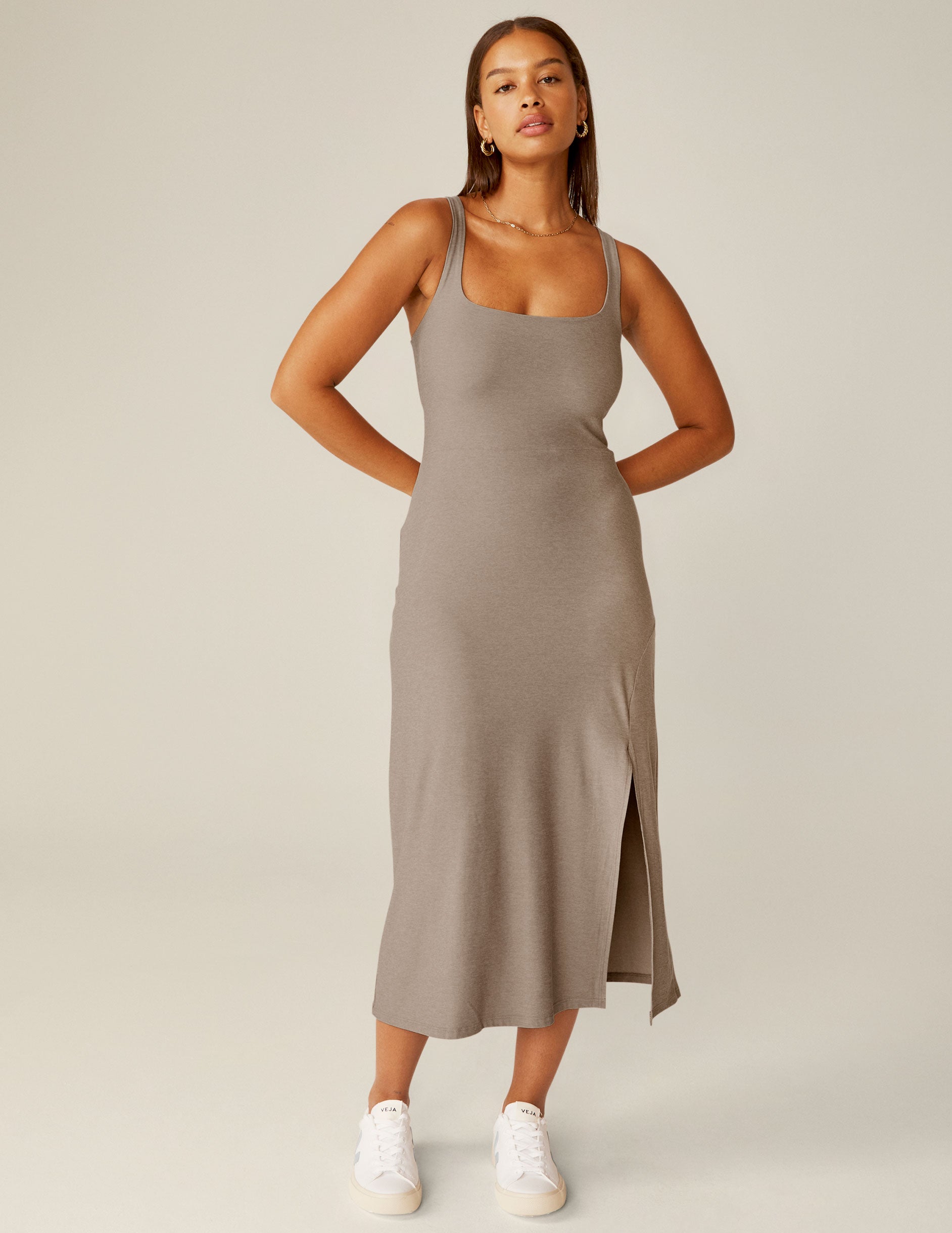 Featherweight Square Neck Slit Midi Dress