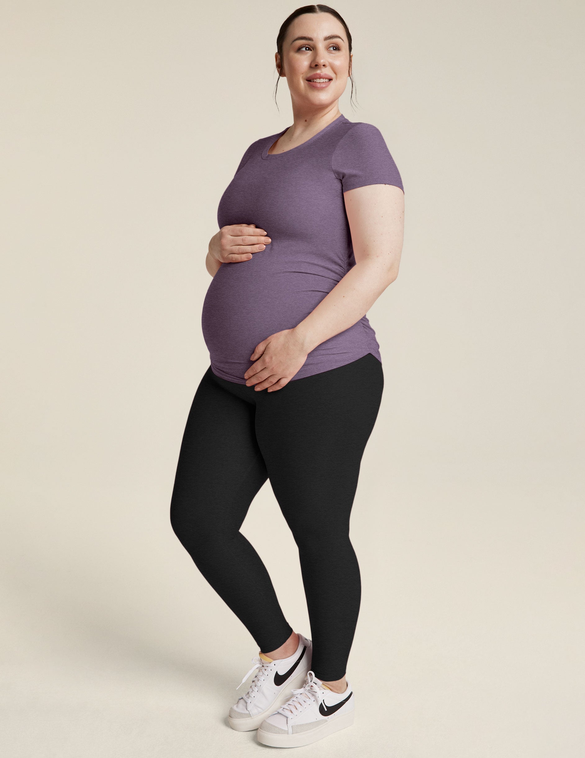 purple maternity short sleeve scoop neck t-shirt. 