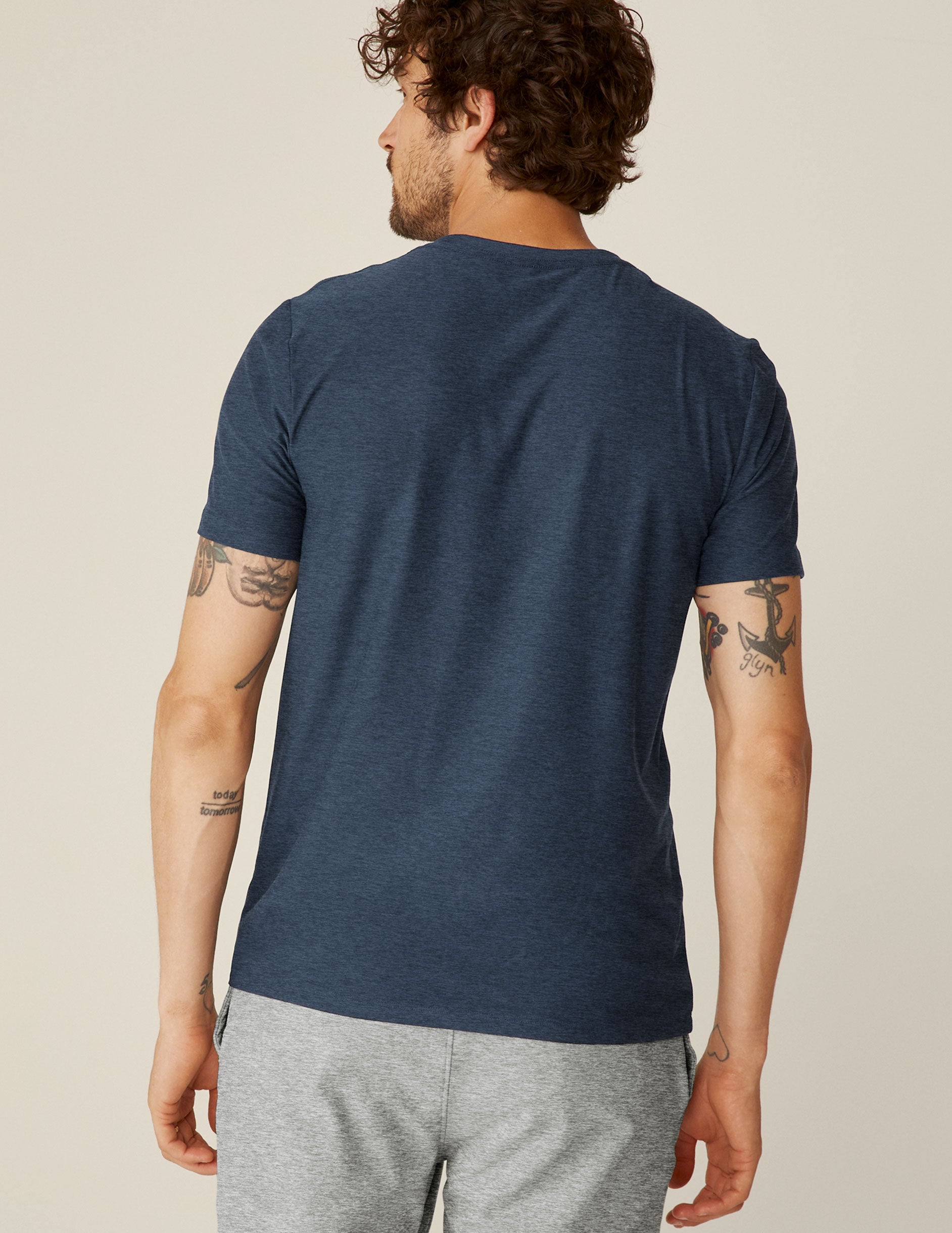 blue men's t-shirt.