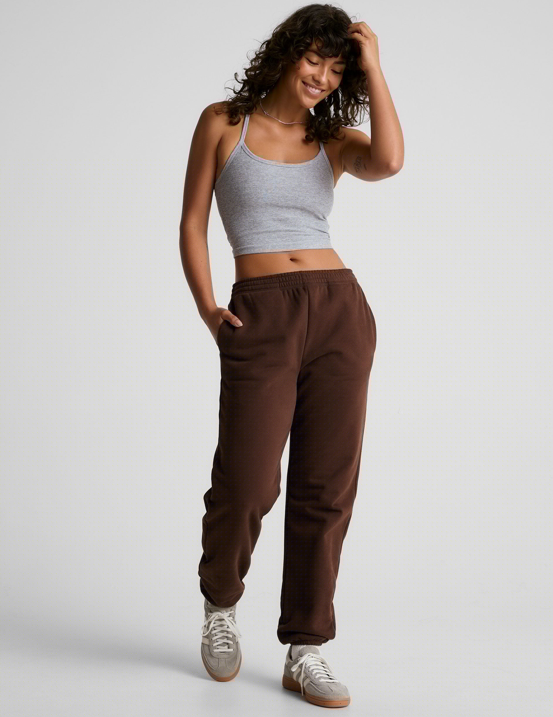 brown jogger style sweatpants with pockets. 