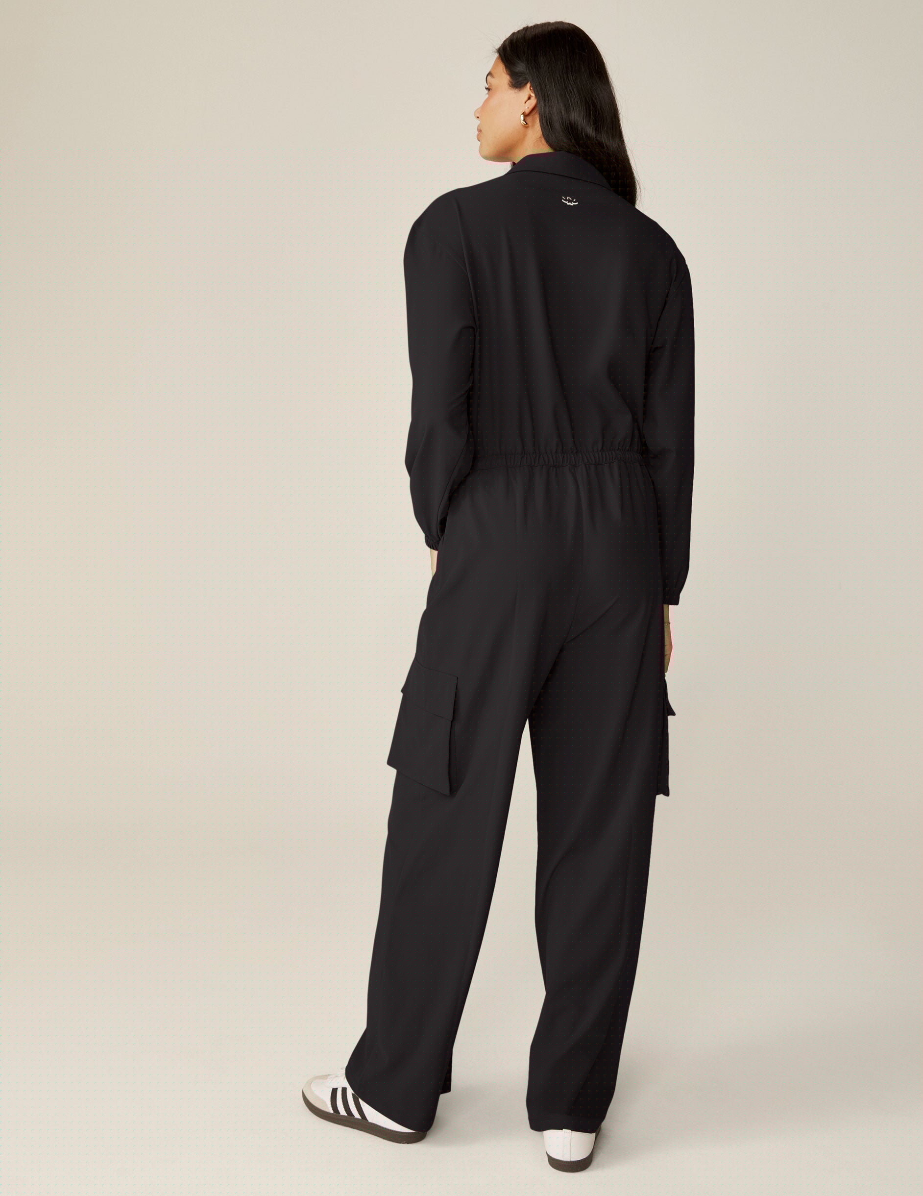 black cargo style long sleeve jumpsuit. 