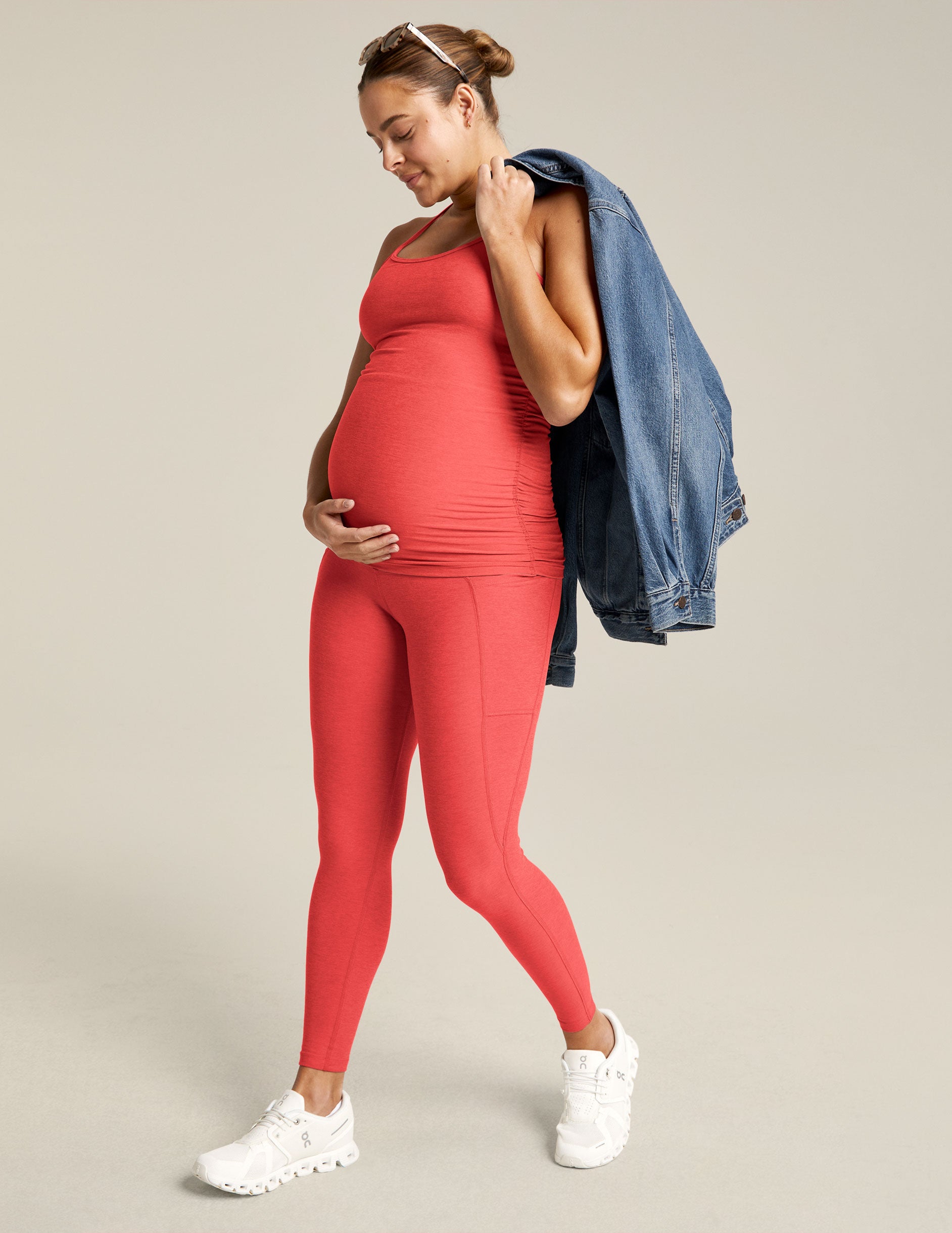 pink maternity midi leggings with pockets at sides