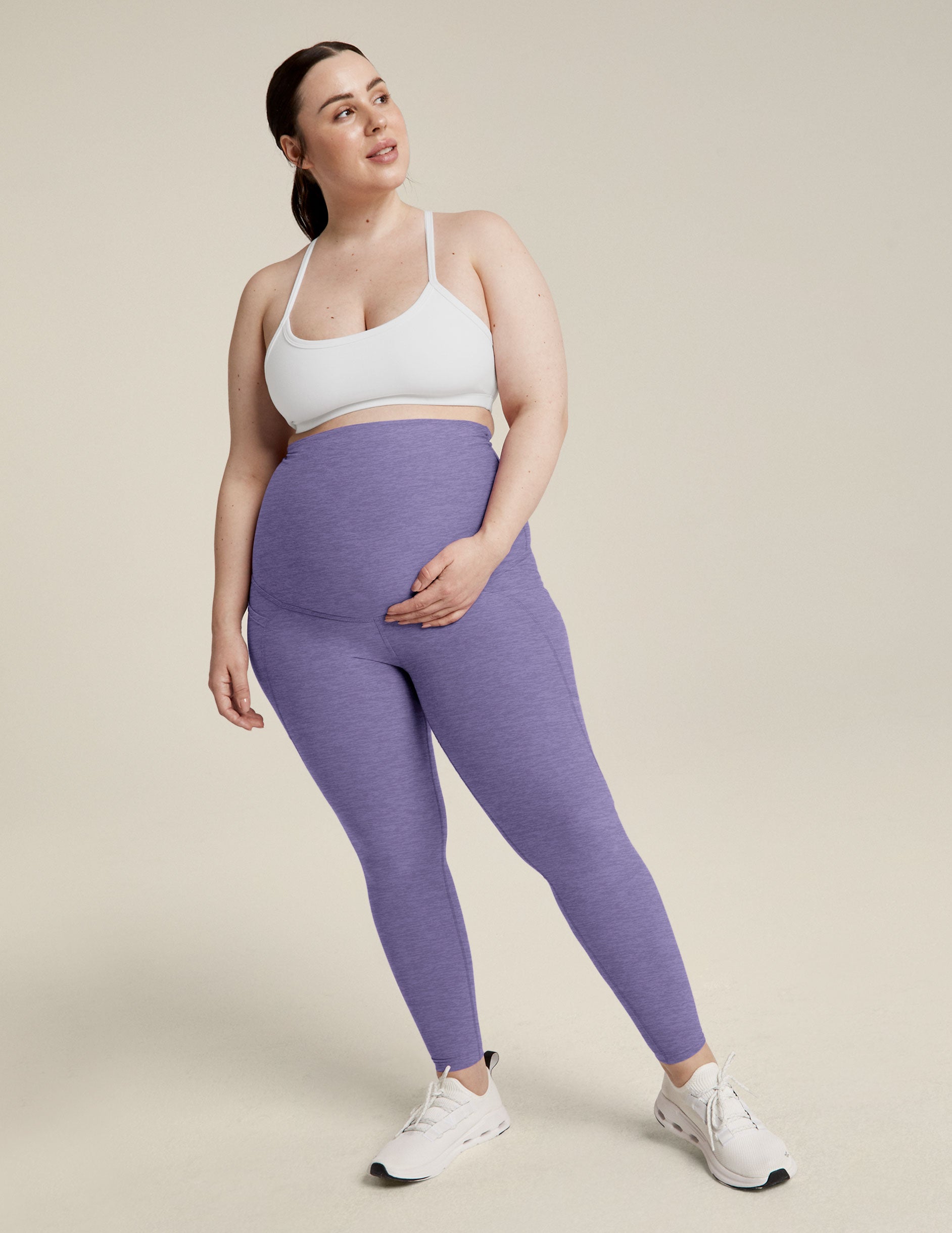 purple maternity midi leggings with pockets. 