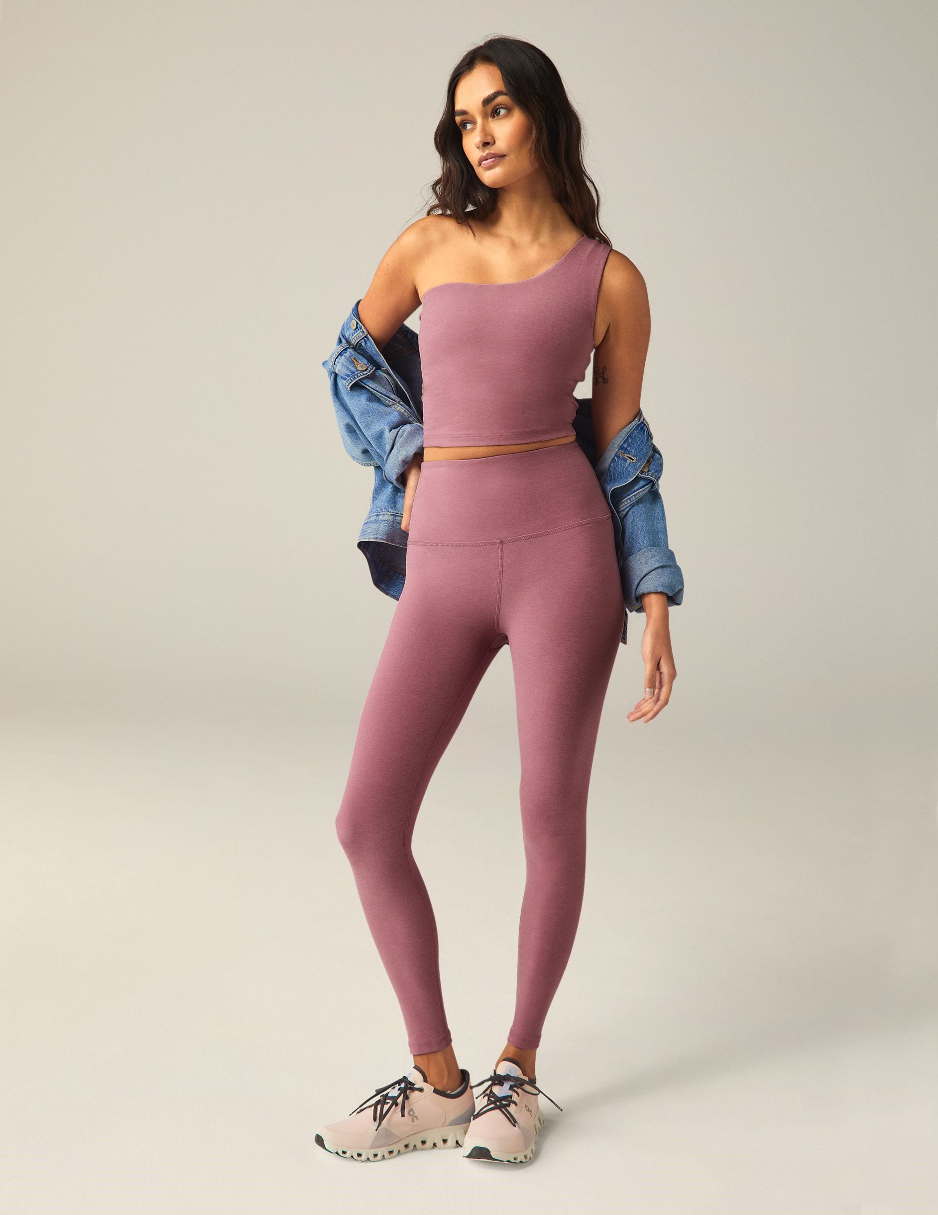 purple spacedye cropped one-shoulder tank top. 