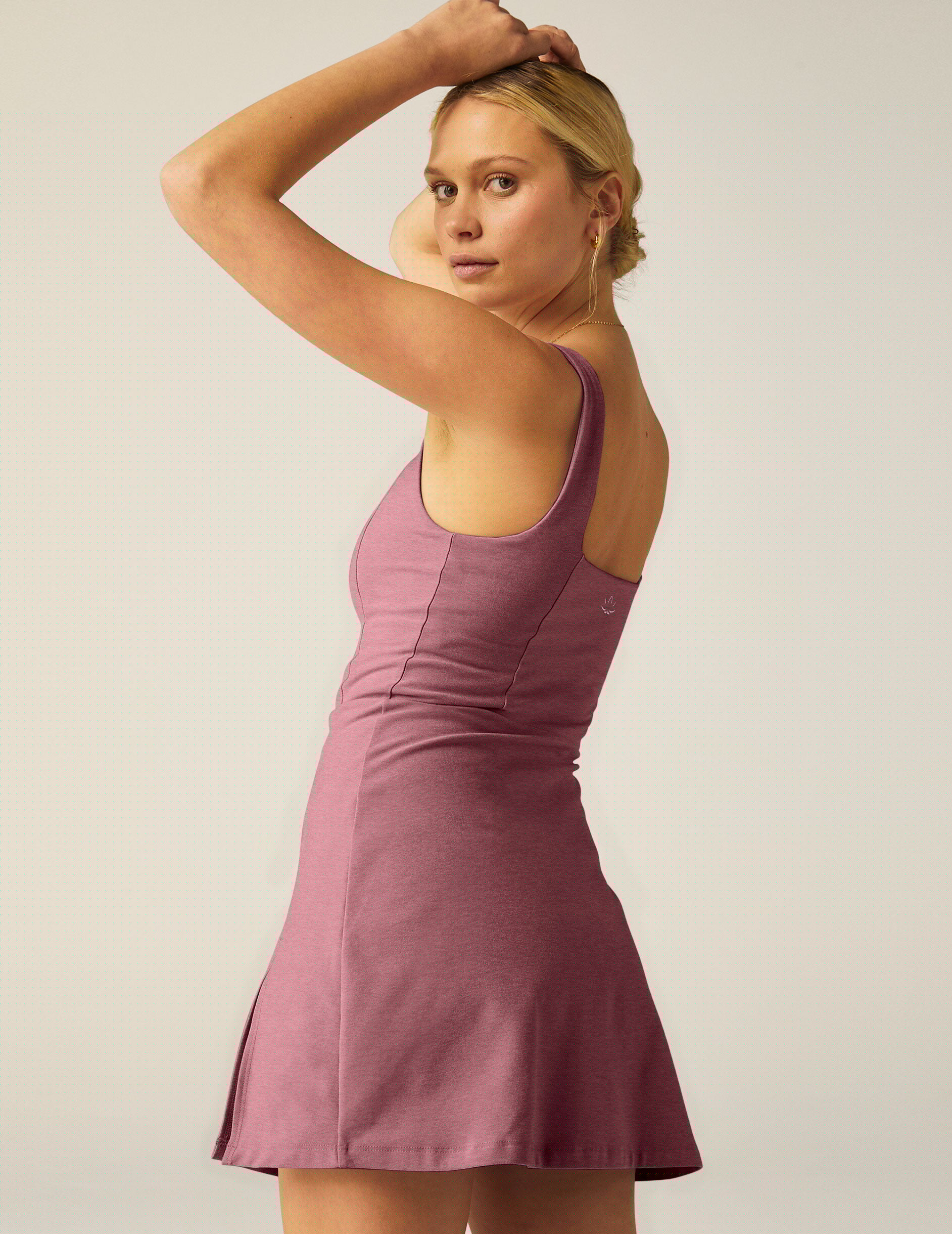 purple square neck mini spacedye dress with a front side slit and built-in pocket shorts. 
