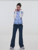 blue puffer vest with an interior bungee at hem. button and zip-up. interior and exterior pockets. 
